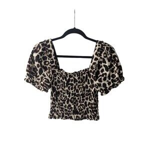 Monteau Puff Sleeve Smocked Crop Top Women's Size Med Leopard Print Linen Blend